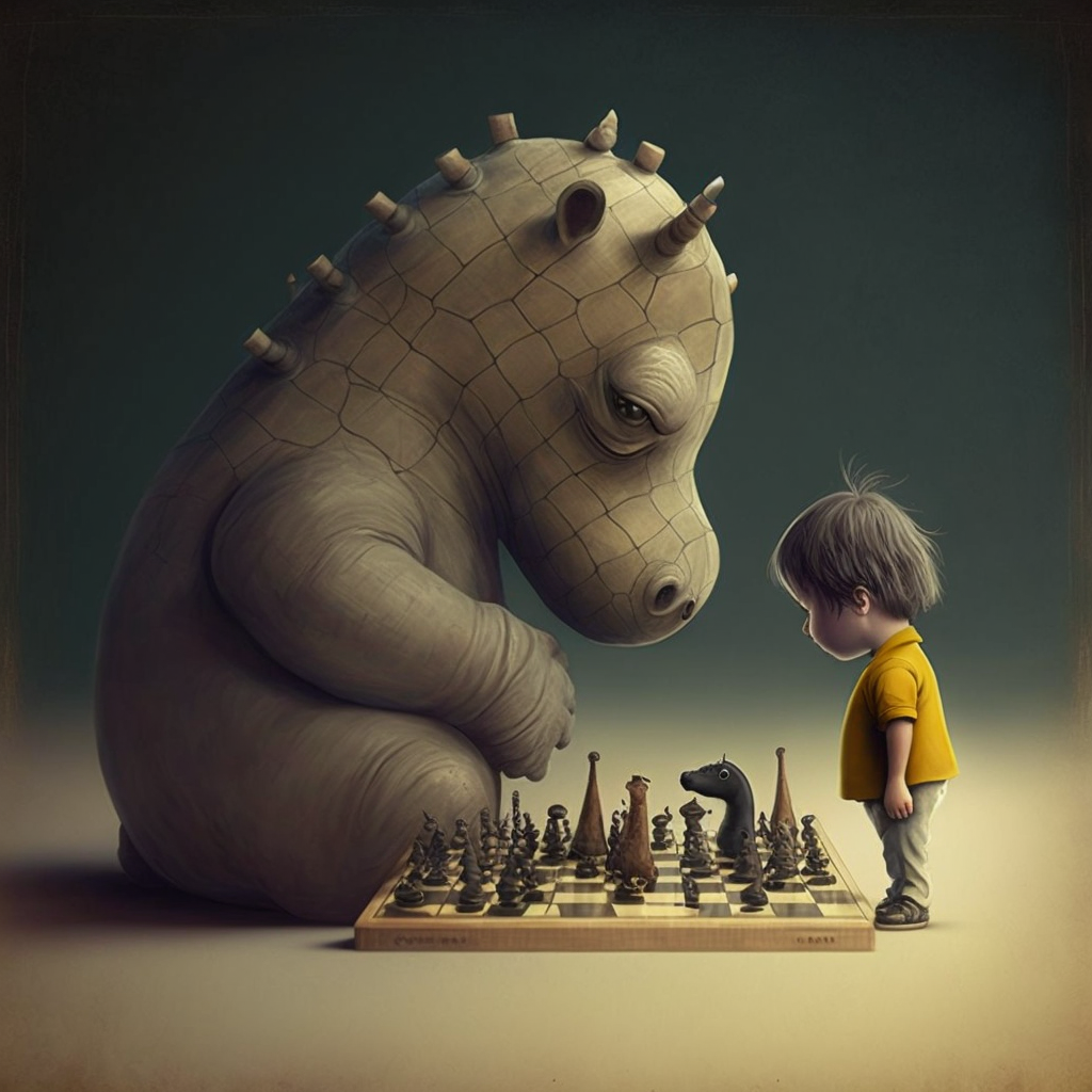 Boy playing a large imaginary creature the game of chess