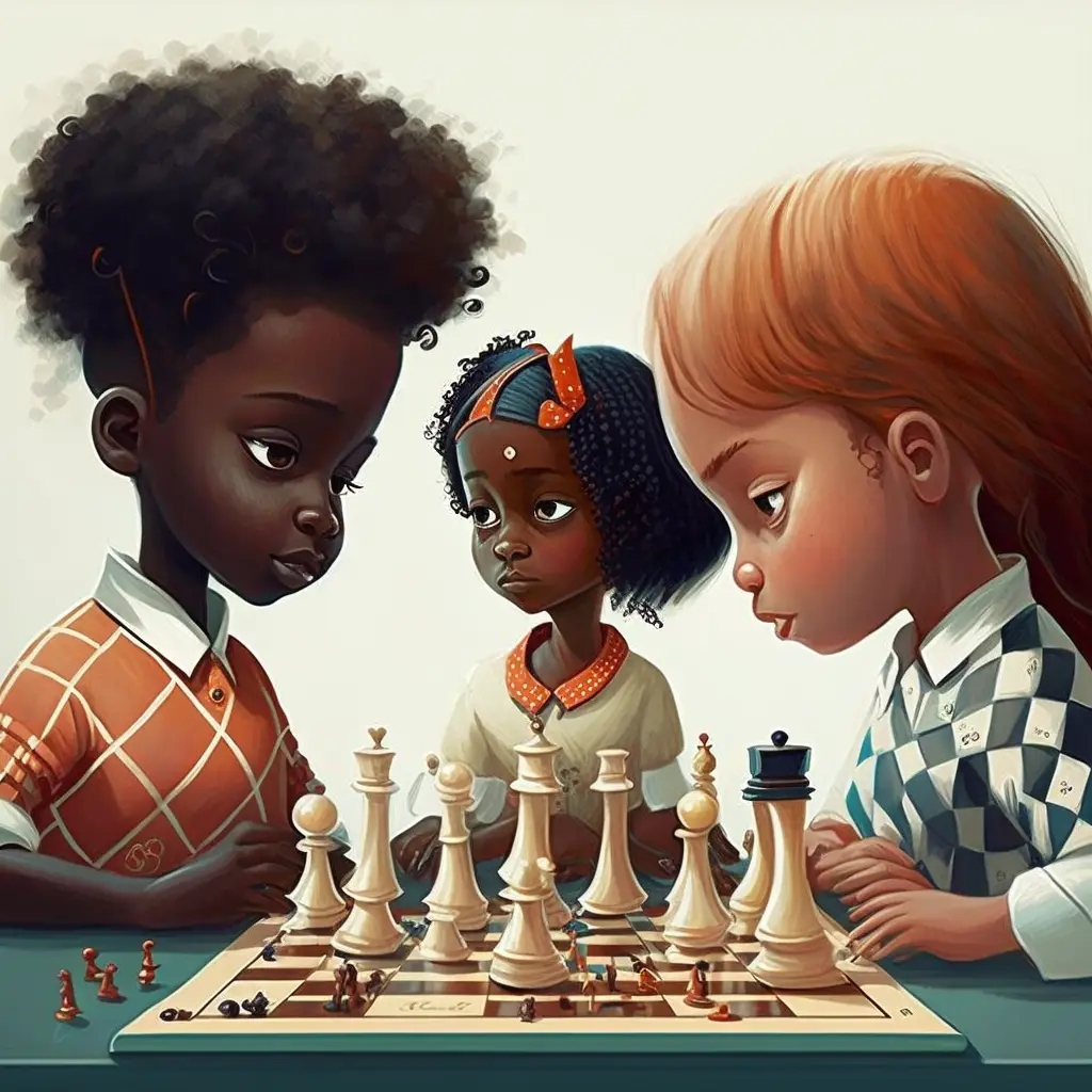 3 girls over a chessboard