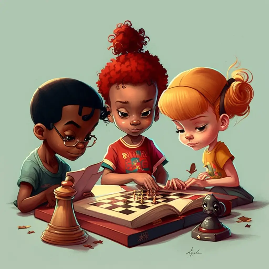 3 children reading a chess book together