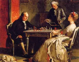 Lady Howe Checkmating Benjamin Franklin, 1867, oil on canvas by British American artist Edward Harrison May (1824–1887). Image courtesy Wikimedia Commons